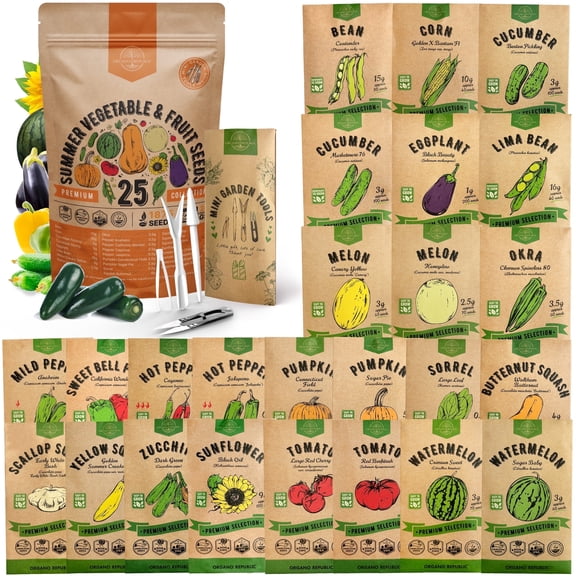 Organo Republic - 25 Summer Vegetable & Fruit Seeds Varieties - 1,870  Non GMO Heirloom Garden Seeds