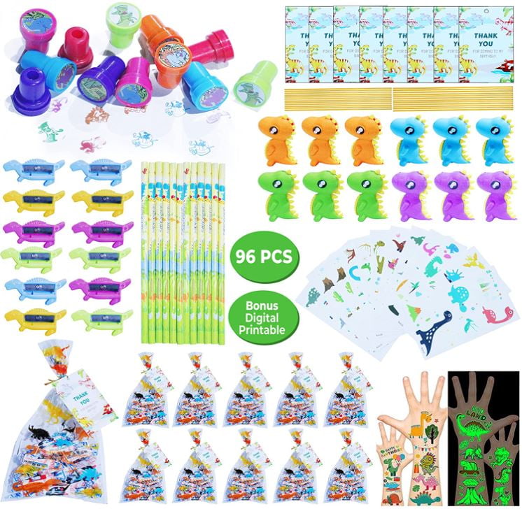 96 Pcs Dinosaur Party Favors, Set of 12 Dinosaur Themed Goodie Bags with Gift Tags, Pencil, Sharpener, Dinosaur Figure Stampers, Erasers, Glow in Dark Tattoos for Kids Birthday Party Game Prizes