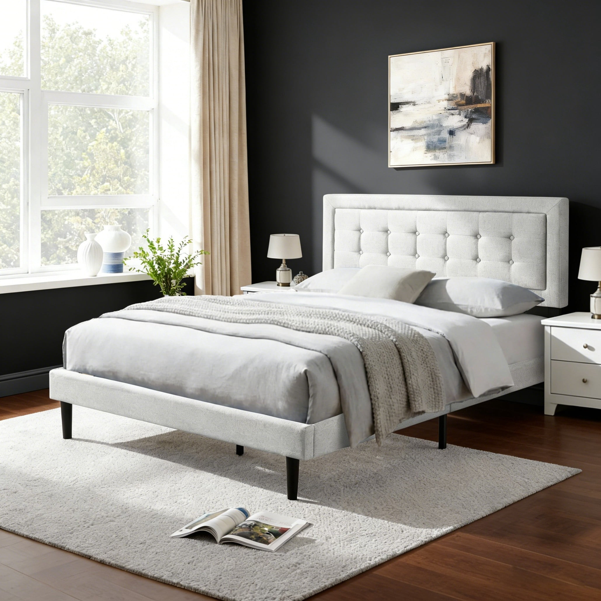 BSHTI Queen Size Platform Bed Frame with Square Tufted Upholstered Headboard – Solid Wood Frame, 12 Wood Slats, Center Support Leg, Under-Bed Clearance, No Box Spring Needed