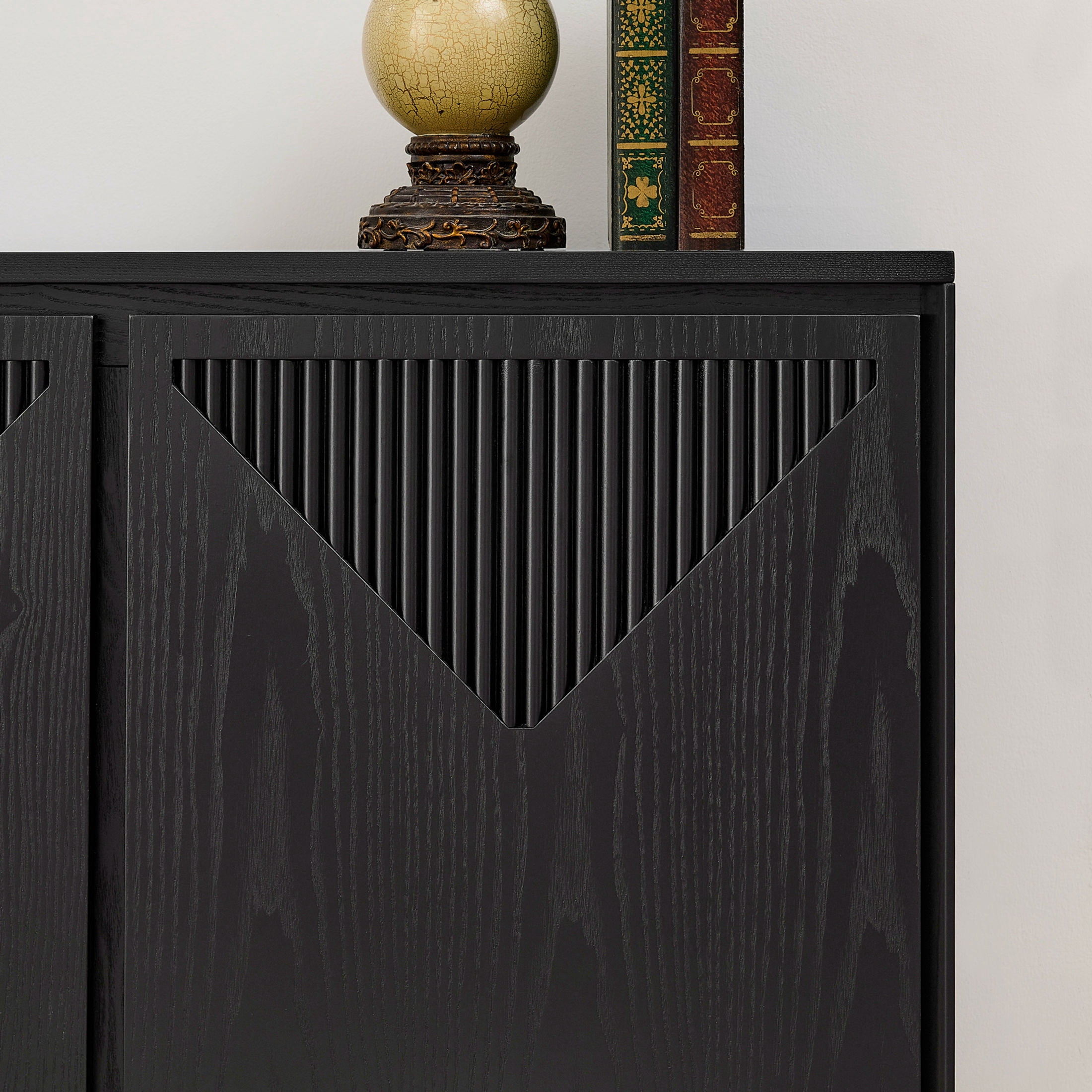 GDF Studio 39" Mid Century Modern V-Shaped Fluted Sideboard Cabinet with Outlet Holes, Black