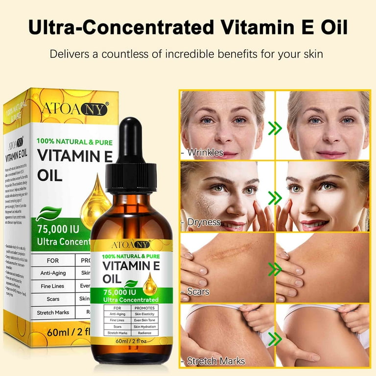 liquid vitamin e for skin Atoany Vitamin E Oil Pure Natural, for Anti Aging Even Skin Tone, Deeply  Moisturizes for Skin, 2fl.oz