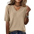 thumbnail image 3 of LEKODE Women's Plus Size Pullover Top, V‑Neck Short Sleeve Ribbed Cuff Knit Sweater for Daily Going Out Office, Casual Khaki XL, 3 of 9