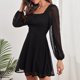 thumbnail image 4 of Vestido de malla de manga larga negro con cintura alta, detalle de varias capas y cierre de cremallera en la espalda, talla S para mujer, 4 of 6