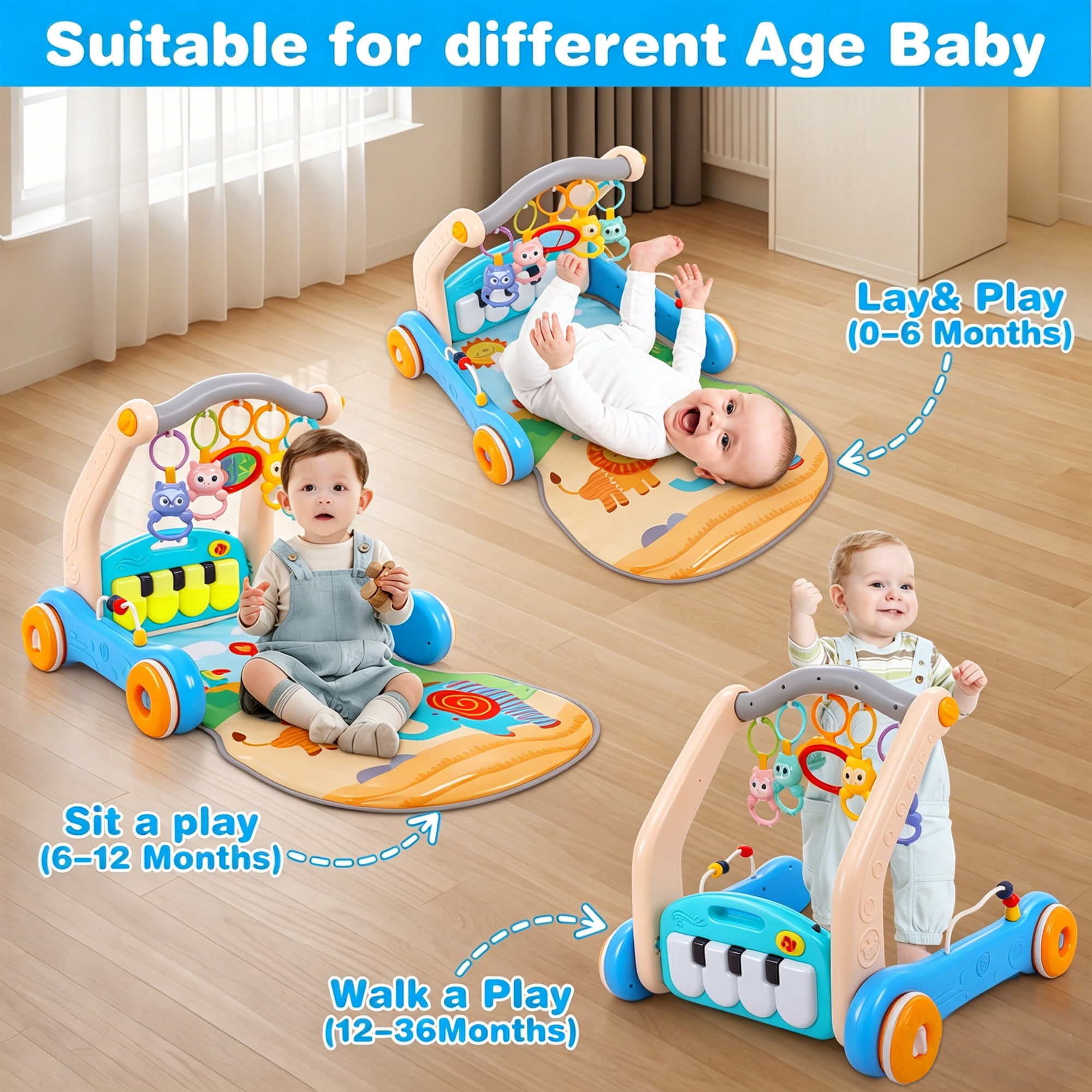 FVLOENG Baby Gym Playmat for Infant,Tummy Time Mat with 5 Infant Sensory Baby Toys & Musical Piano Activity for 0-36 Months Boys Girls
