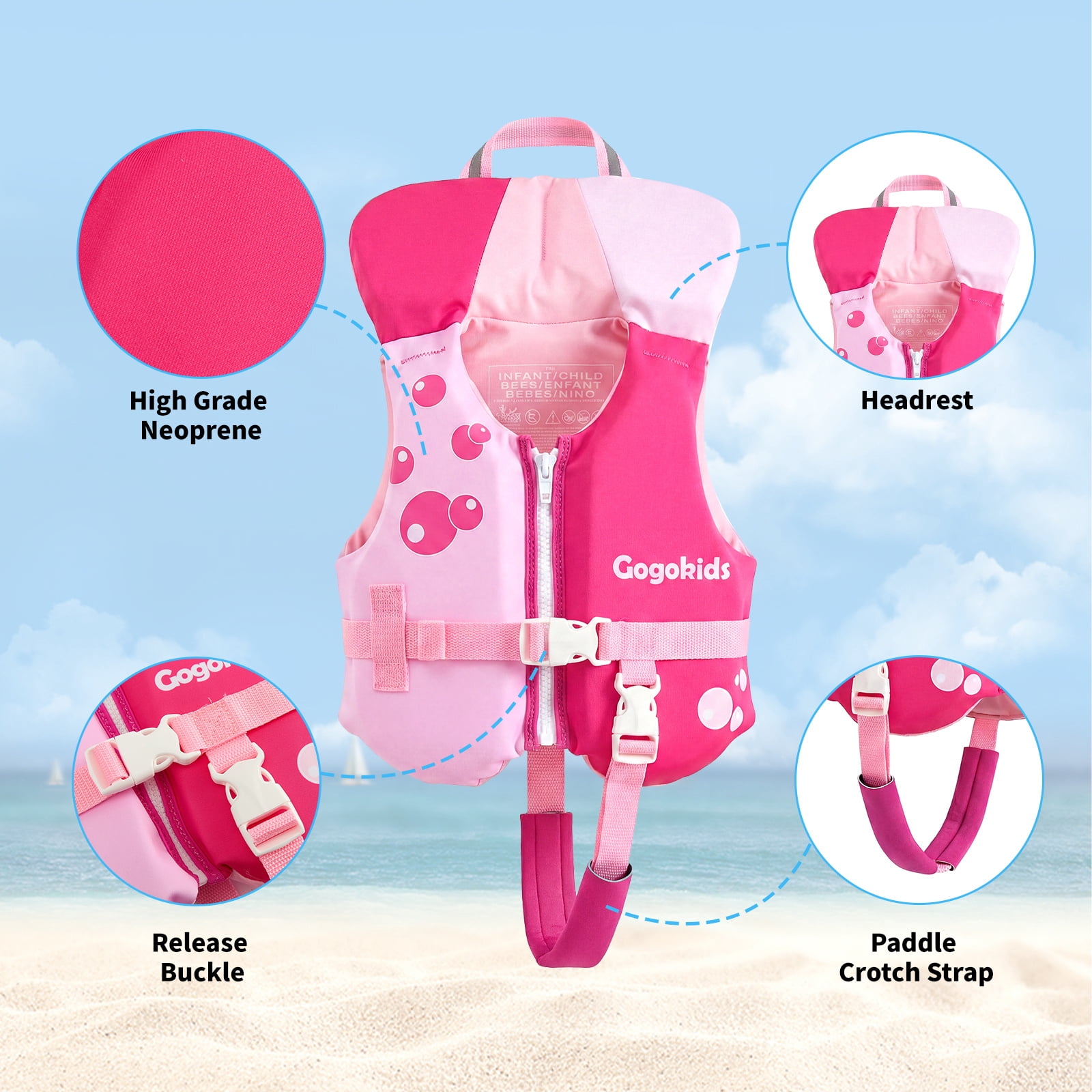 Gogokids Kids Swim Vest Life Jacket Toddler20-50 Lbs,Kids Float Jacket with Adjustable Straps for 1-6 Years Children Boys & Girls Swimming Aid for Pool,Beach & Boat