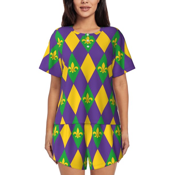 Balery Mardi Gras Conjunto de Pijama para Mujer con Estampado, Dos Piezas de Manga Corta y Shorts, Ropa de Dormir Suave con Cuello Redondo y Bolsillos-XX-Large