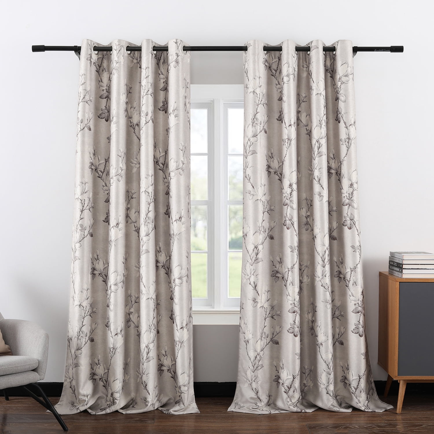 VOGOL Magnolia Flower Blackout Curtains for Bedroom, Grommet Thermal Insulated Room Darkening Curtains for Living Room Patio Door Window Drapes, 2 Panels, W52 x L96, Grey