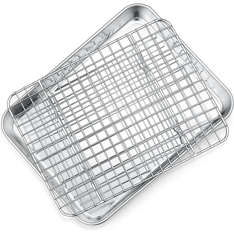 12 inch Baking Pan with Rack Set (1 Pan & 1 Rack), Stainless Steel Quarter Size Toaster Oven Tray with Cooling Rack, Heavy Gauge & Commercial Grade