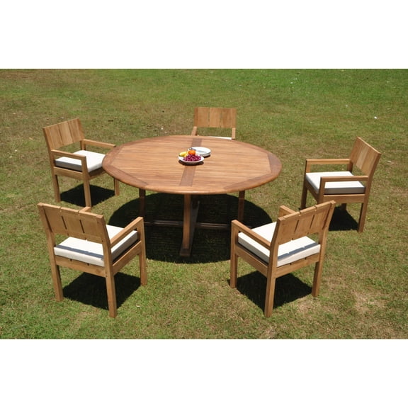 Grade-A Teak Dining Set: 5 Seater 6 Pc: 72" Round Table And 5 Veranda Arm Chairs Outdoor Patio WholesaleTeak #WMVRp