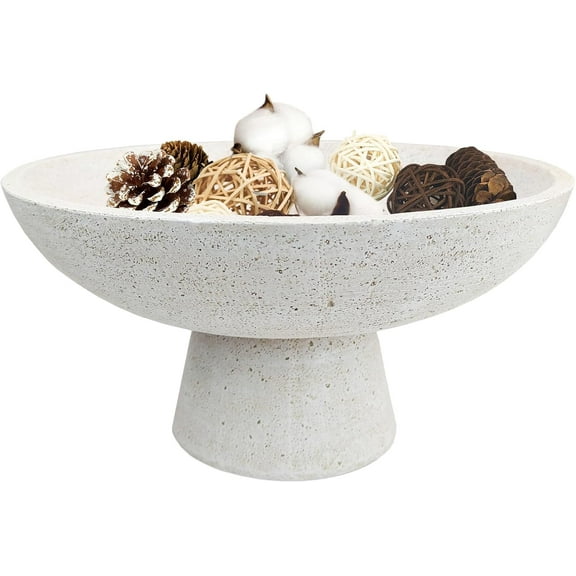 Large Decorative Fruit Bowl - Modern Handcrafted Resin Pedestal Bowl for Kitchen Counter, Entryway Key Holder & Table Centerpiece, Off-White Travertine Stone Bowl