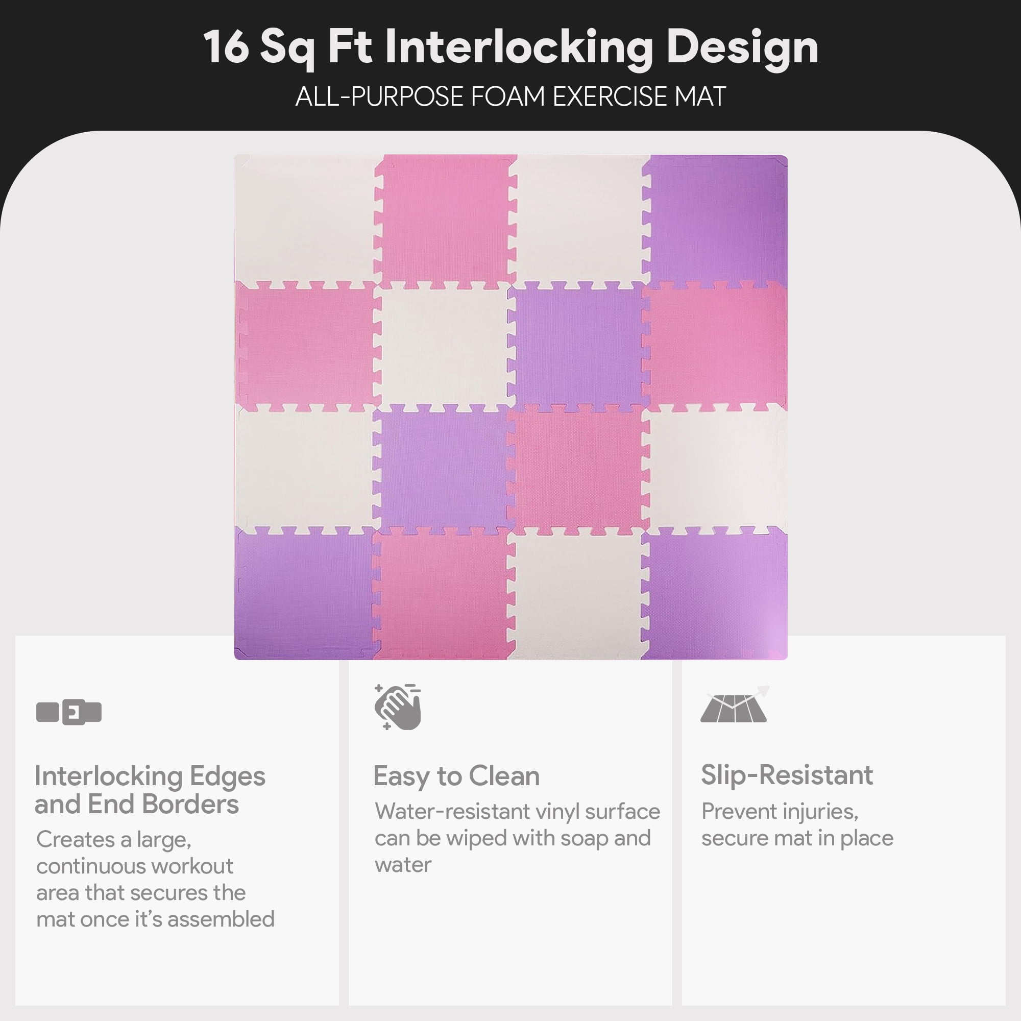 BalanceFrom 16-Pack 12”x12” Interlocking Puzzle Play Mat, 0.4” Thick, Pink/Purple/Beige