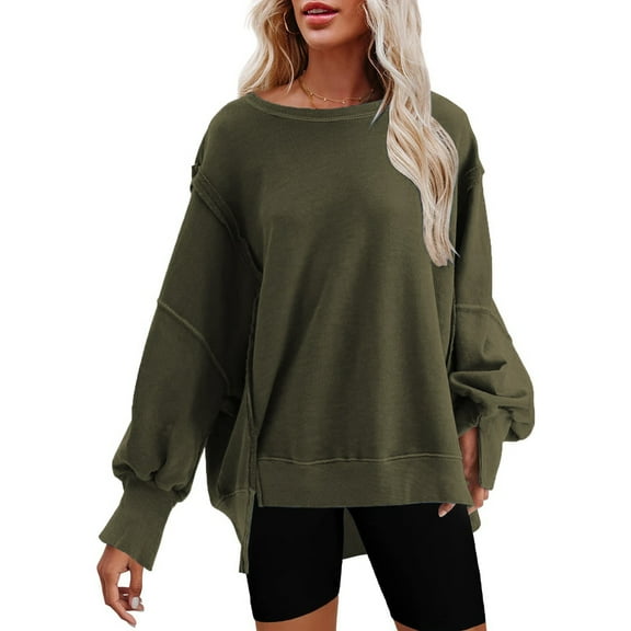 Dyfzdhu Sweatshirts for Women Oversized Crewneck Solid Color Sweatshirt Side Slit Long Sleeve Pullover Slouchy Fit Tops