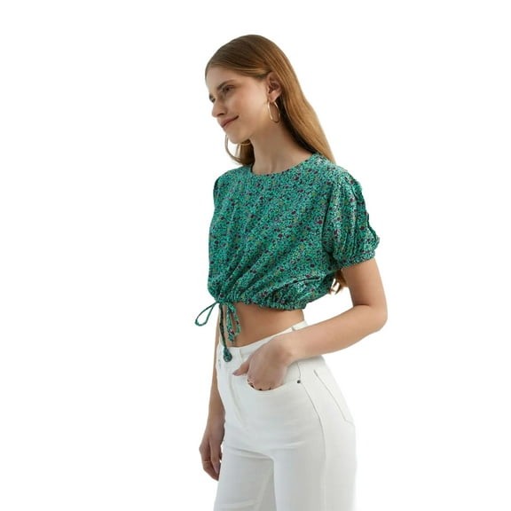 Floral Round Neck Drawstring Crop Top