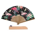 thumbnail image 3 of 1pc Hand Fan Flamingo Foldable 23cm 9inch Black Background Bamboo Rib and Slender Cotton Pouch, 3 of 7