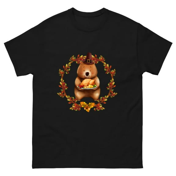 Thanksgiving Bear With Turkey Dinner Cute Fall Holiday Unisex T-Shirt
