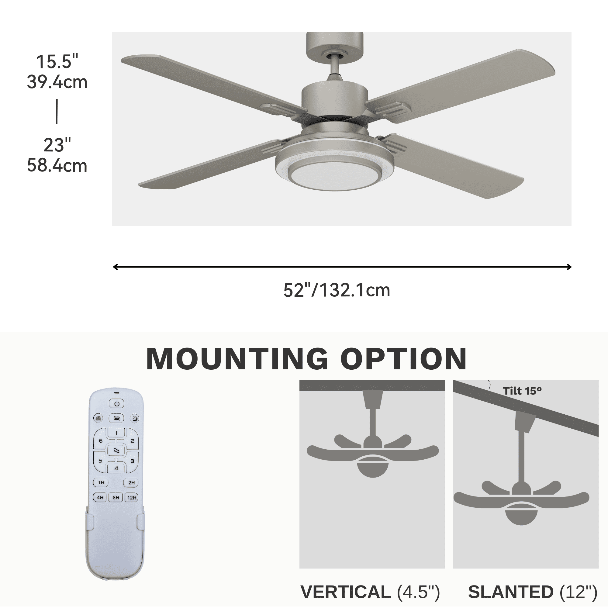 Uforic 4-Blade Modern Farmhouse Ceiling Fan - 52" Brushed Nickel with Remote & Light