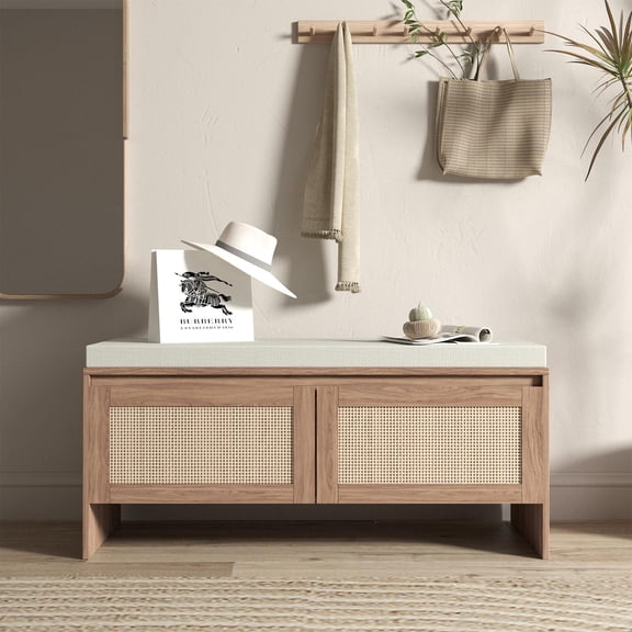 Rattan Bench, Storage Bench, Shoe Cabinet Bench with Padded Seat & Dust-Proof Cabinet Doors, Mid-Century Modern Wood Entryway Seat for Mudroom Hallway Bedroom, Natural Finish