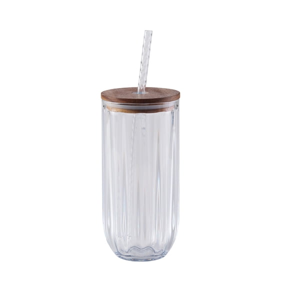 Better Homes & Gardens Clear Fluted Tritan 21 oz Sipper Tumbler with Acacia Wood Lid