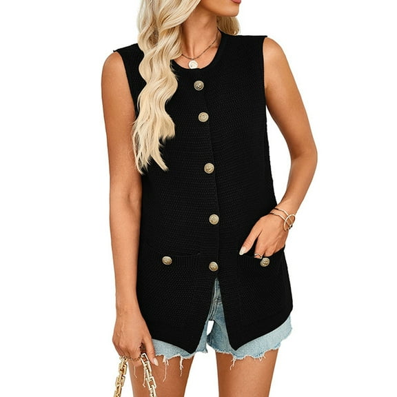 Women'S 2025 Summer Sweater Vest Sleeveless Knit Cardigan Button Down Tank Tops Black S