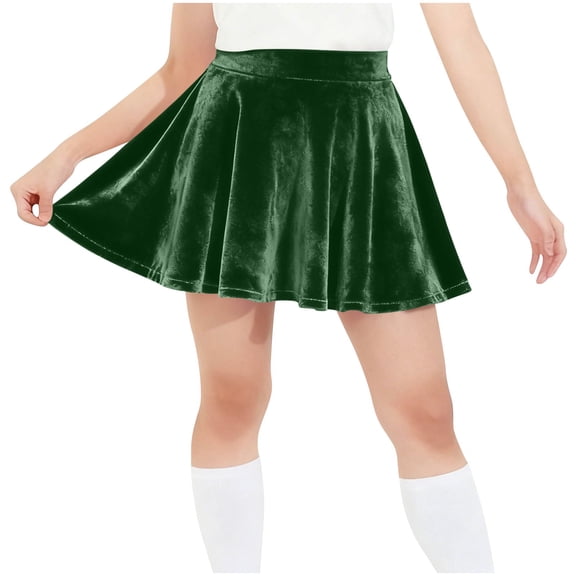 CYRBOKO Girls Short Skirts, Elastic Waist Vacation Velvet Holiday Pleated Skirts Green Size 5-15 T