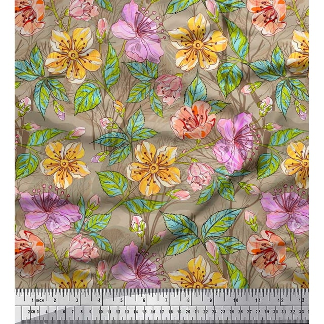 Soimoi Georgette Viscose Fabric Leaves & Buttercup Floral Printed Fabric 1 Yard 42 Inch Wide