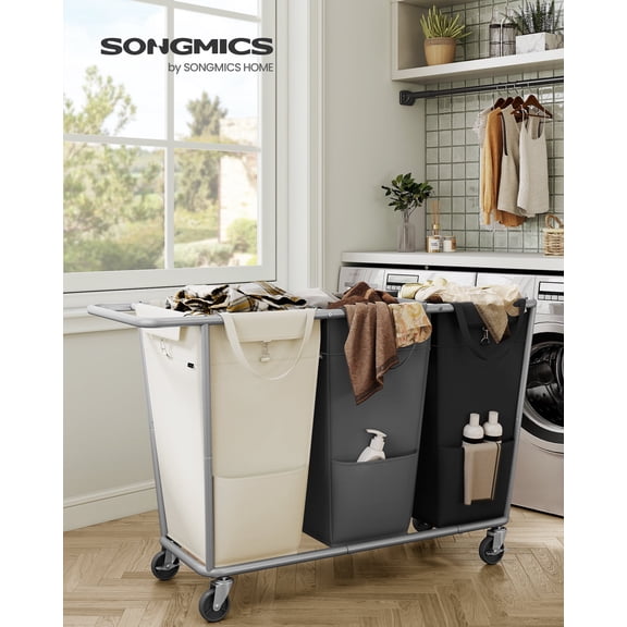 3-Section Laundry Basket with Wheels, Removable Bags, Steel Frame, 76.6 Gallons (290 L), White, Gray, and Black