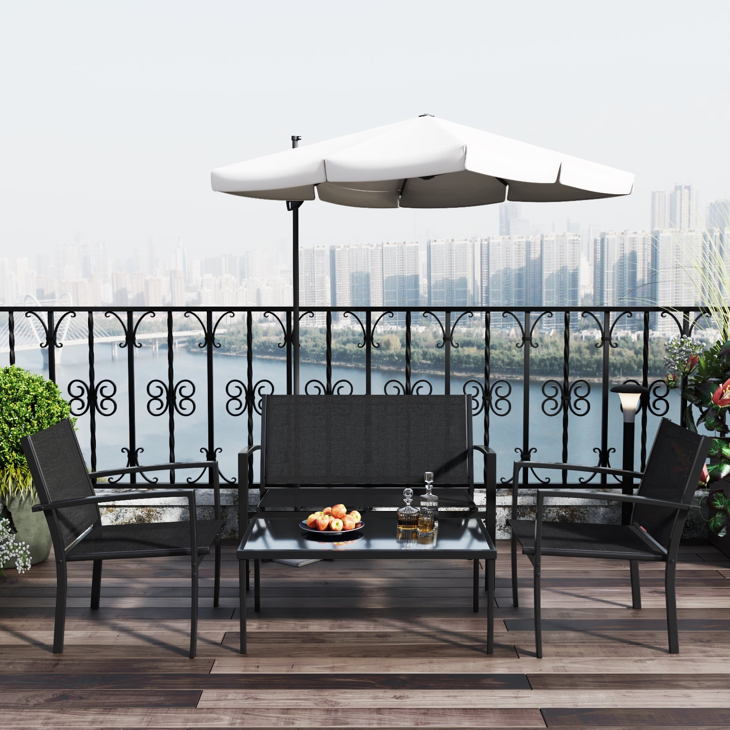 Vineego 4 Pieces Patio Furniture Outdoor furniture Outdoor Patio Furniture Set Textilene Bistro Set Modern Conversation Set Black Bistro Set with Loveseat Tea Table, Black
