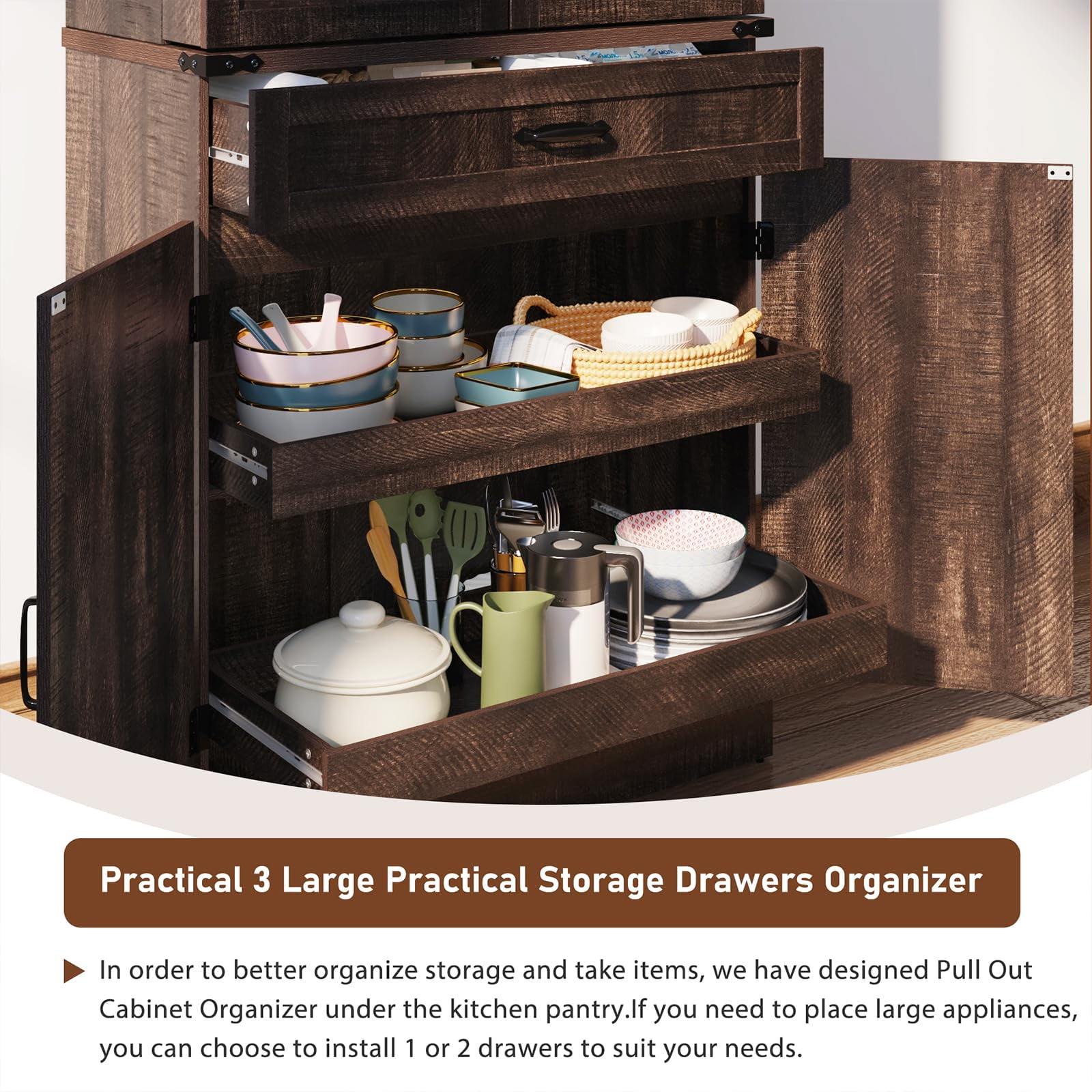 71" Tall Farmhouse Kitchen Pantry Cabinet with 6 Side Shelves & 3 Storage Drawer, Multifunctional Pantry Organizer with Adjustable Shelves & Load-Bearing Steel Pipe for Kitchen,Living Room, Brown