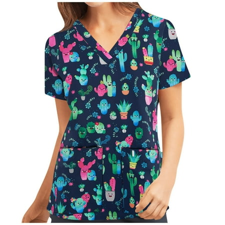 

Womens Blouses And Tops Dressy Loose Fitting Tops For Women Women S Printing Scrubs Shirts Short Sleeve Tops V-Neck Pockets Casual Pullover Blusas Para Mujer