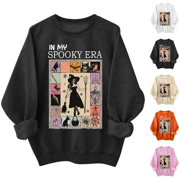 VKOYWKM Women Oversized Sweatshirt Halloween Sweatshirts Witch Graphic Long Sleeve Crew Neck Sweatshirt Halloween Party Fall Pullover Sweatshirts