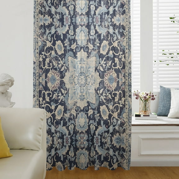 Blue Boho Semi Sheer Curtains Drapes for Living Room, Bedroom, French Doors Window 54 Inches Long, Modern Geometric Abstract Art Vintage Rod Pocket Chiffon Curtain Drapery Voile Draperies Panel