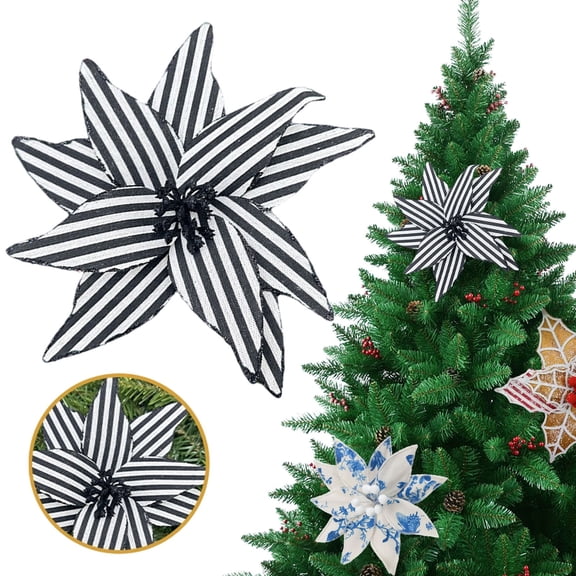 Poinsettia Flowers for Christmas Tree,Black and White Stripes Christmas Poinsettia Flowers,Velvet Glitter Floral Decor,Christmas Tree Topper for Halloween Holiday Wreath Garland Decor