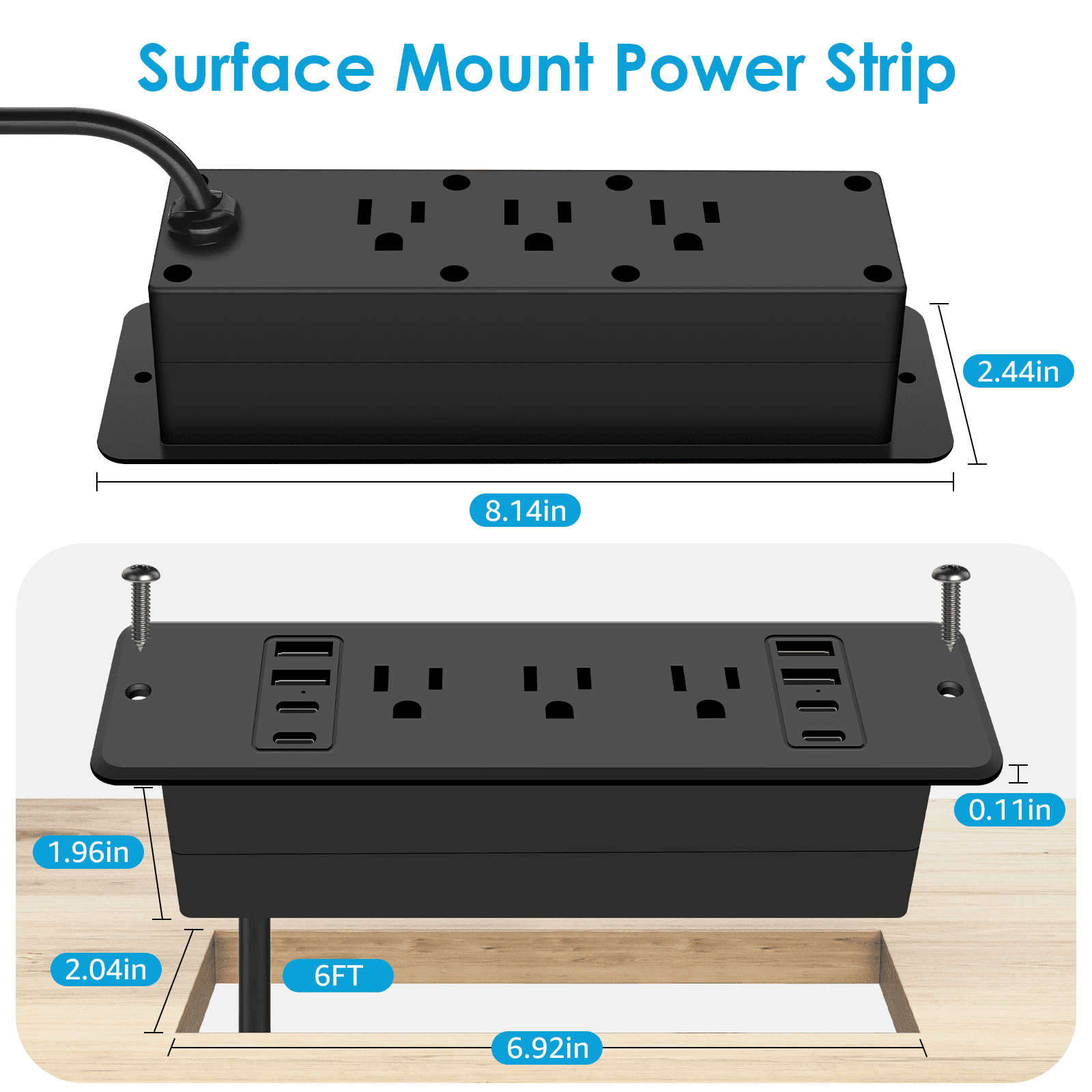 VILONG Recessed Power Strip with Usb-C (20W Fast Charging), 6 AC Outlets + 8 USB Ports, 45° Flat Plug, 6-Foot Cord – Ideal for Home Office, Desk Organization(Black)
