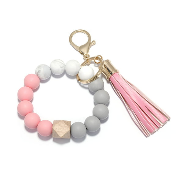 DESIGNICE Silicone Key Ring Bracelet,Key Ring Bracelet Women Beaded Bangle Keychain Wristlet Leather Tassel,1Pc Bracelet Key Ring