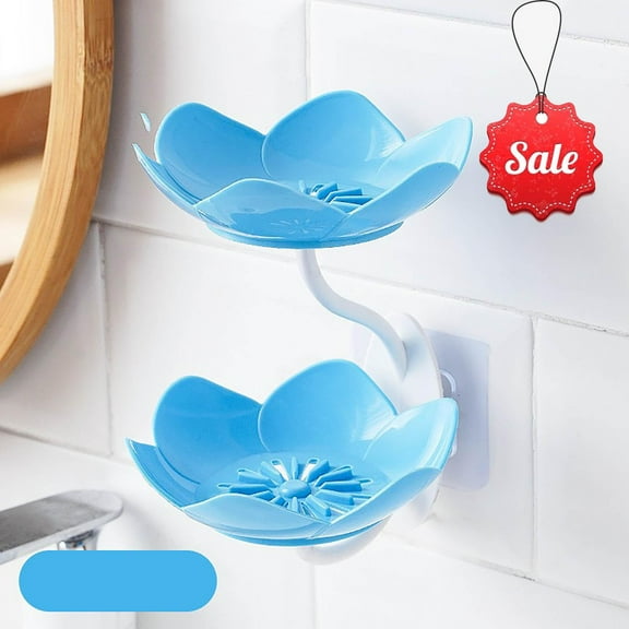 Qocolhg Soap Dish Holder for Shower Bar Double Layer Cute Lotus Shape Adhesive Tray Sink Wall Mounted Shampoo NO-Drilling Self Draining Hanging Saver Rack Plastic Bathroom Bathtub Kitchen, Blue
