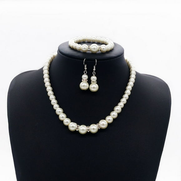 Women Girls Shiny Charming Pearl Necklace Earring Bracelet Jewelry Pearl necklace set for Set