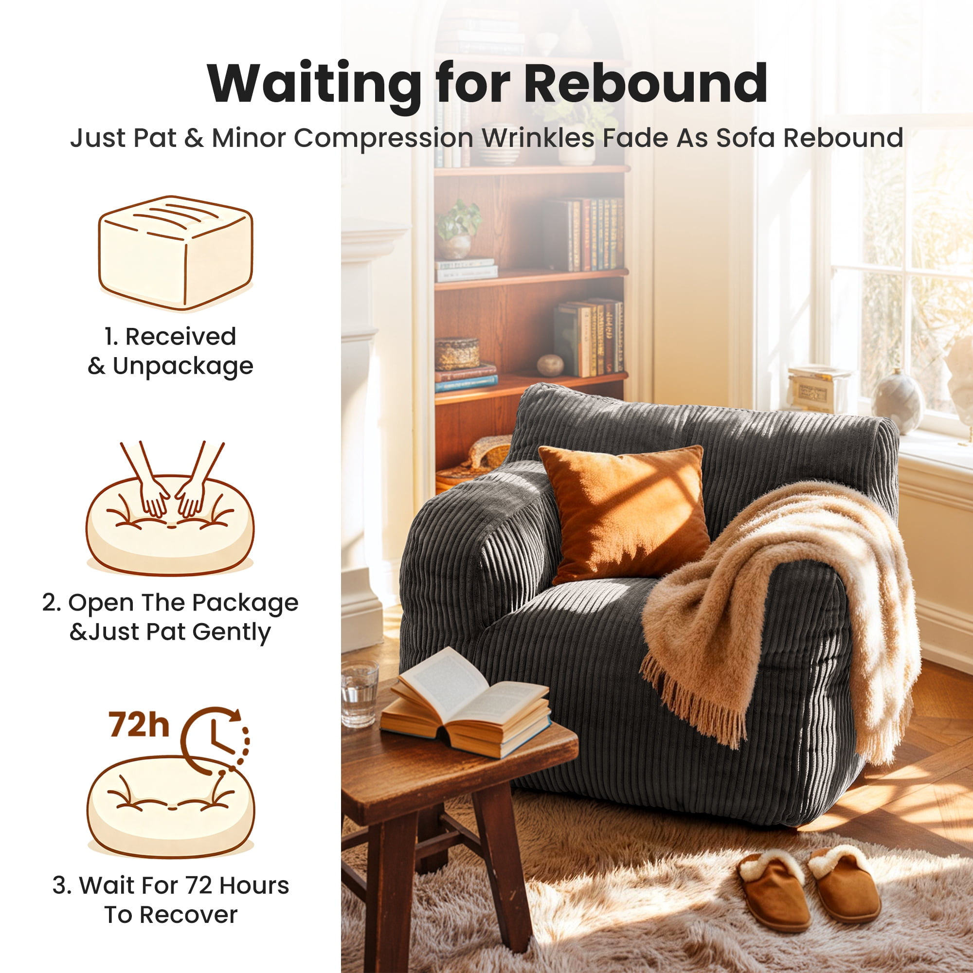 PamapicLife Bean Bag Chair Home Adult Solid Solo Color Regular Foam Filled and Corduroy Indoor and Contemporary Style Bean Bag Chair with Manual, Gray