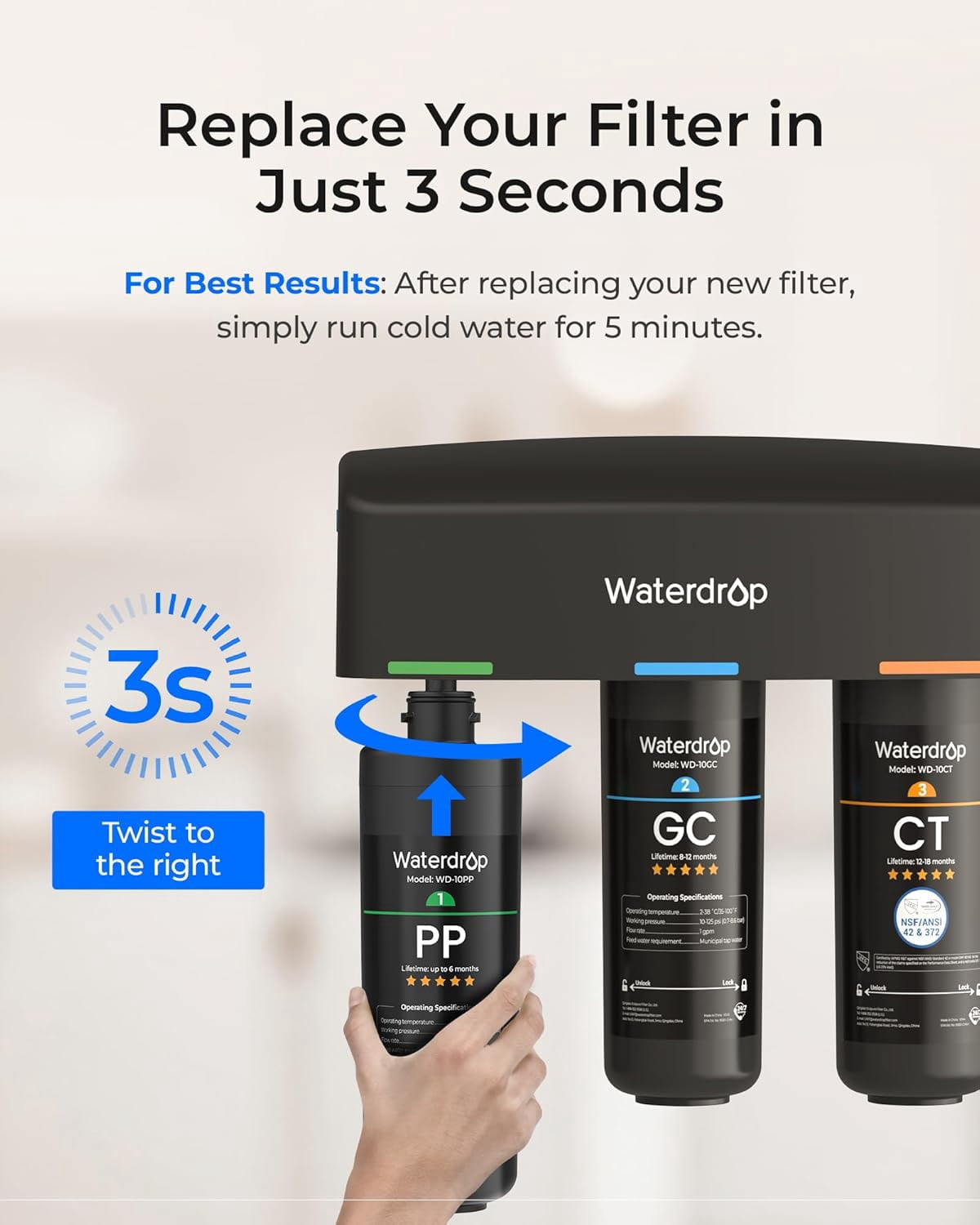 Waterdrop WD-10PP Under Sink Water Filter, Replacement TSA & TSB 3-Stage Under Sink Water Filter System