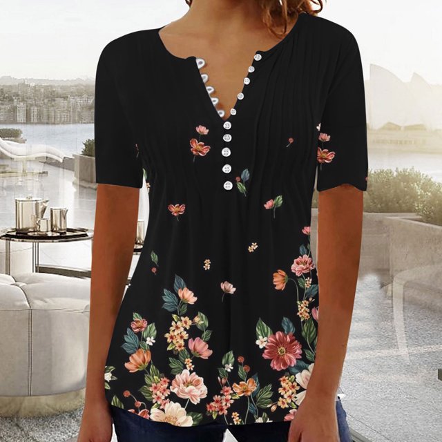 Fiudx Liquidación de Ofertas Flash Moda Mujer Verano Casual Impresión Manga Corta Cuello En V Blusa Camiseta