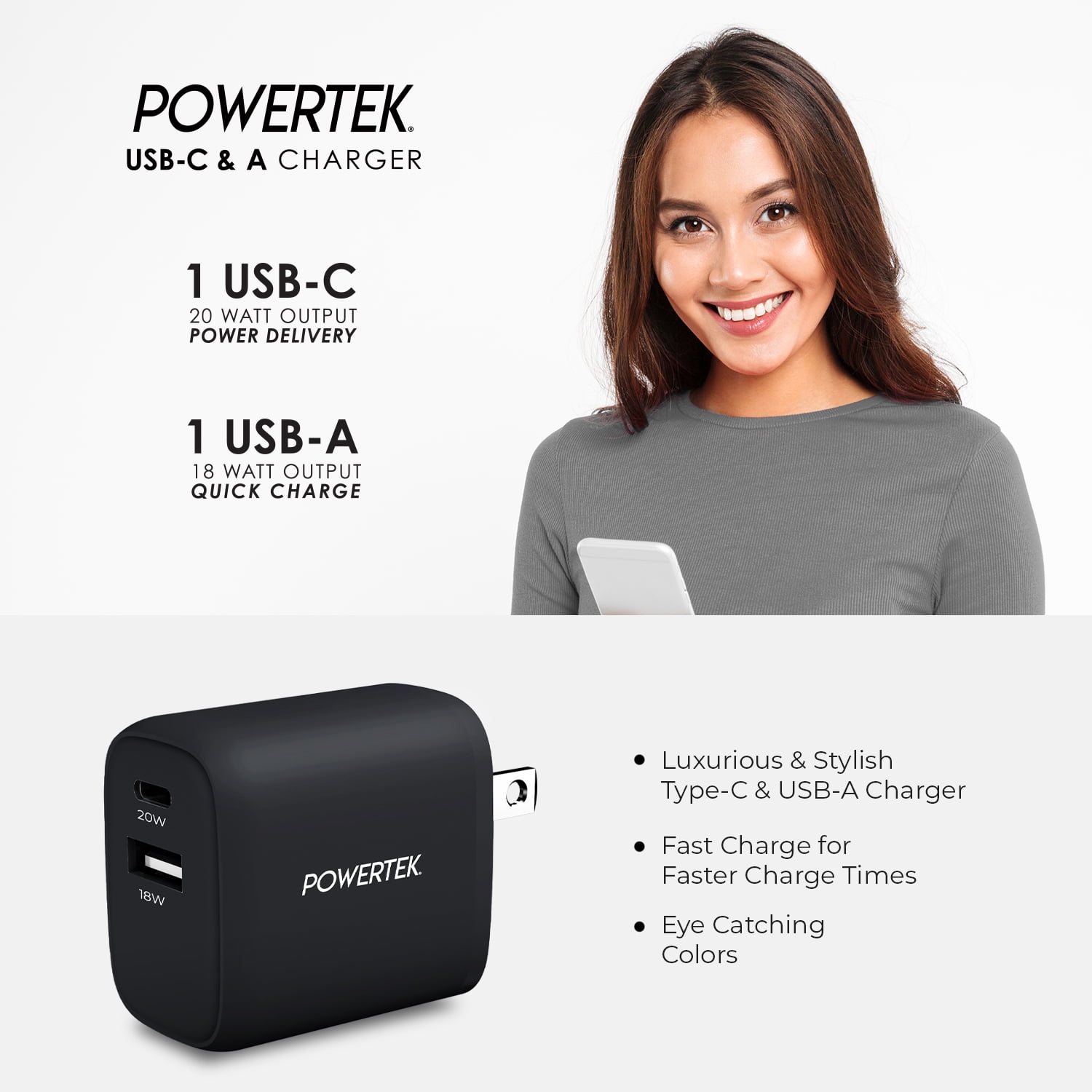 Liquipel Powertek Silk 20W Combo Wall Charger - Black