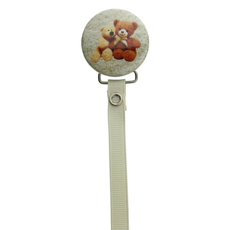 Ivory Teddy Bear Pacifier Clip with Matching Ribbon