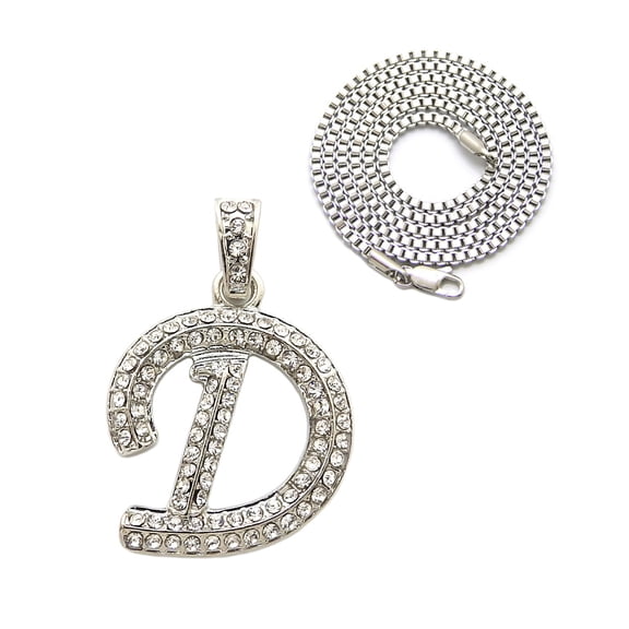 Stone Stud Cursive Letter Initial Pendant with 2mm 24" Box Chain Necklace in Silver-Tone, D