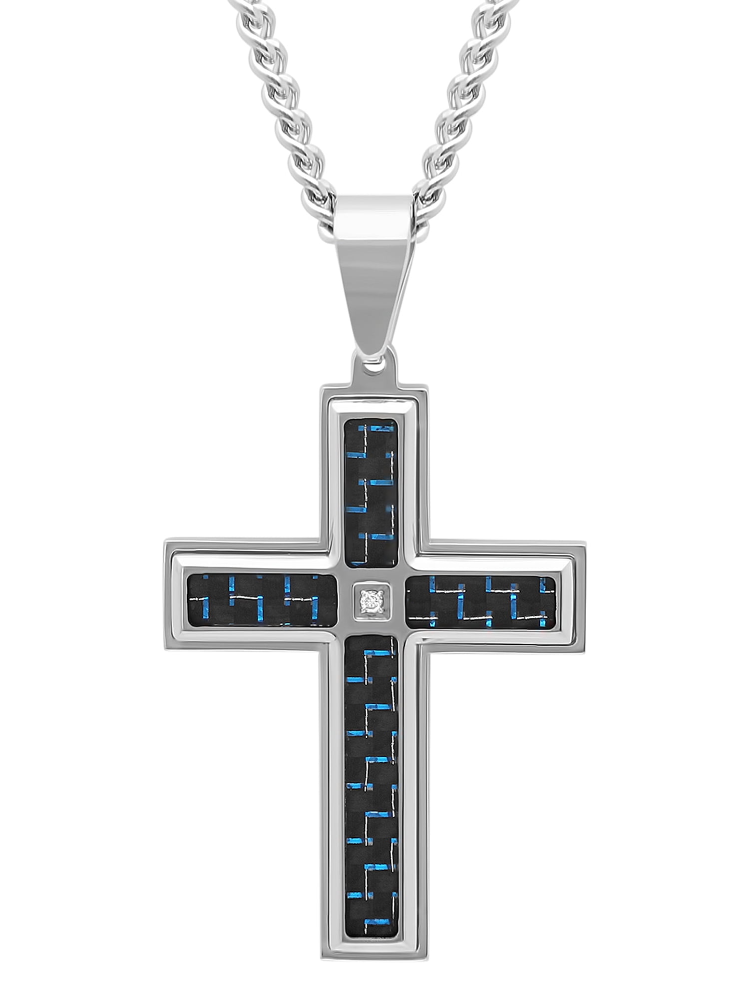 Brilliance Fine Jewelry - Men's Stainless Steel and Blue Carbon Fiber Men's Stainless Steel Diamond Accent Cross Pendant Necklace