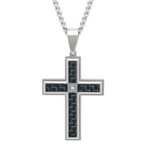 Mens Diamond Accent Stainless Steel Carbon Fiber Inlay Cross Pendant Necklace