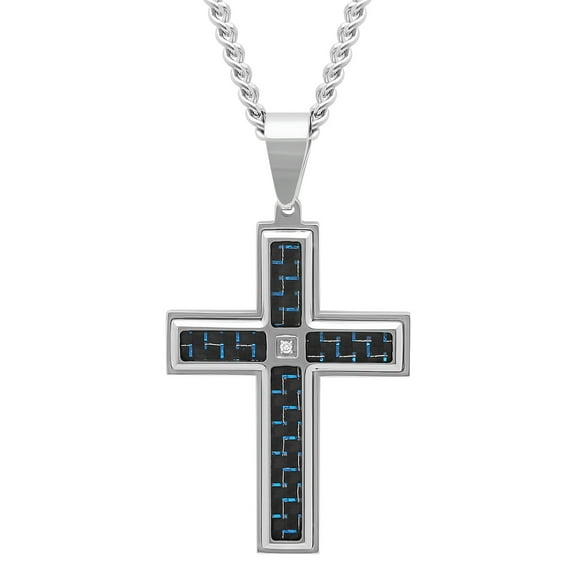 Mens Diamond Accent Stainless Steel Carbon Fiber Inlay Cross Pendant Necklace