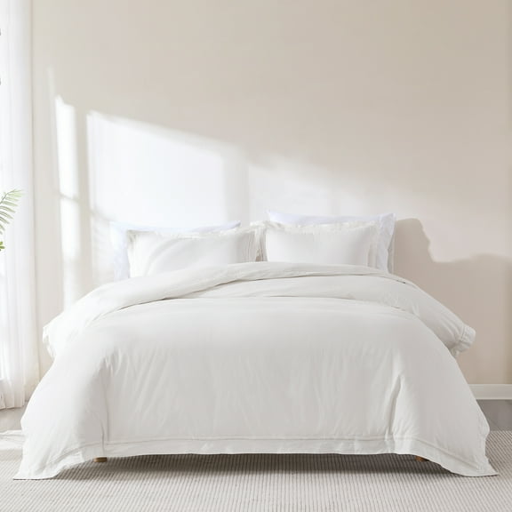 Lush Decor Doris Eyelet Inset Trim Cotton Duvet Cover 3 Piece Set Full/ Queen White - White Duvet - Neutral Bedding Set - Country Cottage Style
