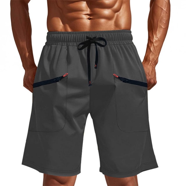Styesk Mens Shorts Man Solid-Color Casual Multi-Pocket Zipper Drawstring Elastic-Waist Shorts Cargo Pants Half Shorts Pants
