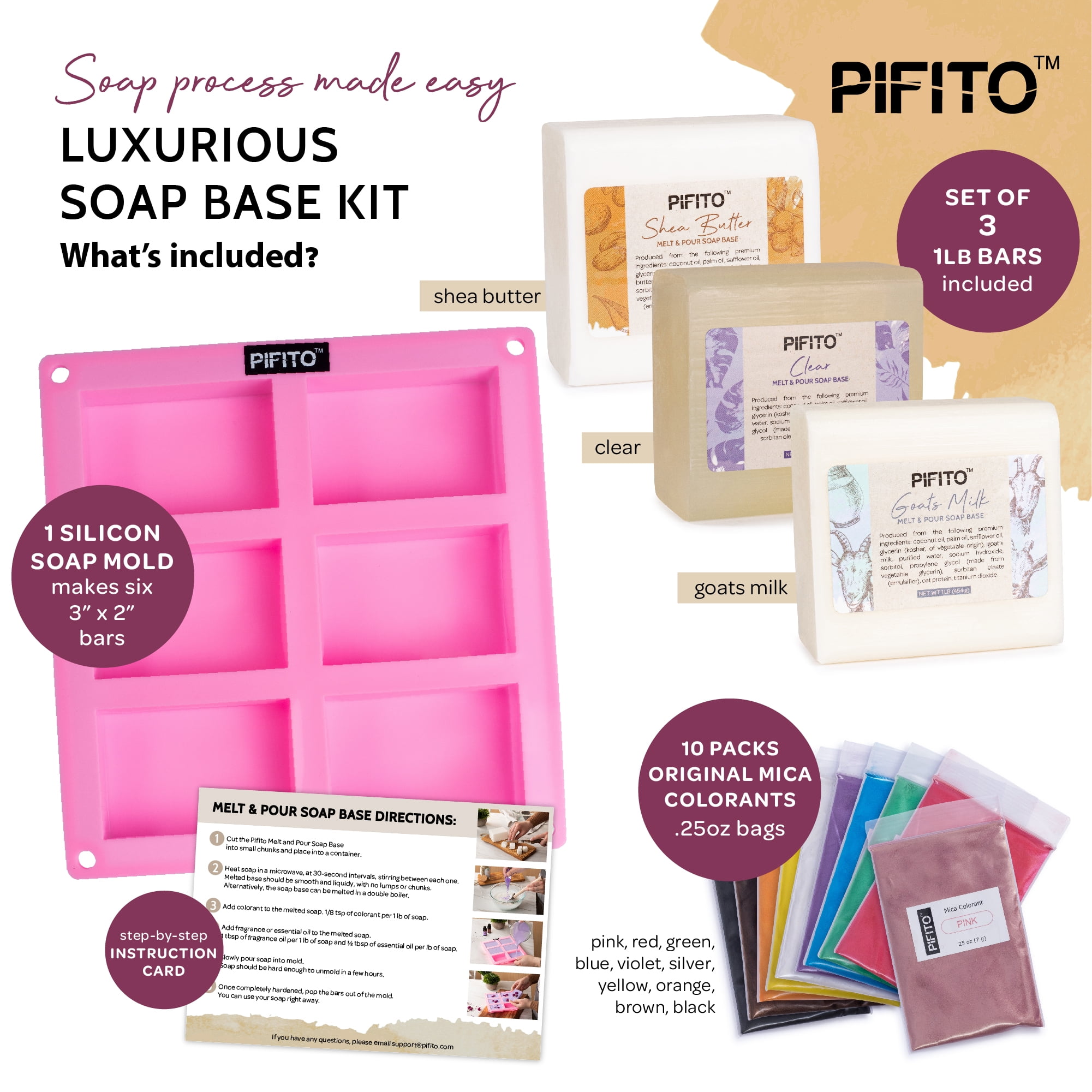 Pifito Soap Making Kit │ DIY Soap Making Supplies - 3 lbs Melt and Pour Soap Base (Goats Milk, Shea Butter, Clear), 10-Pack Mica "Original" Colorants Sampler, Mold and Instructions