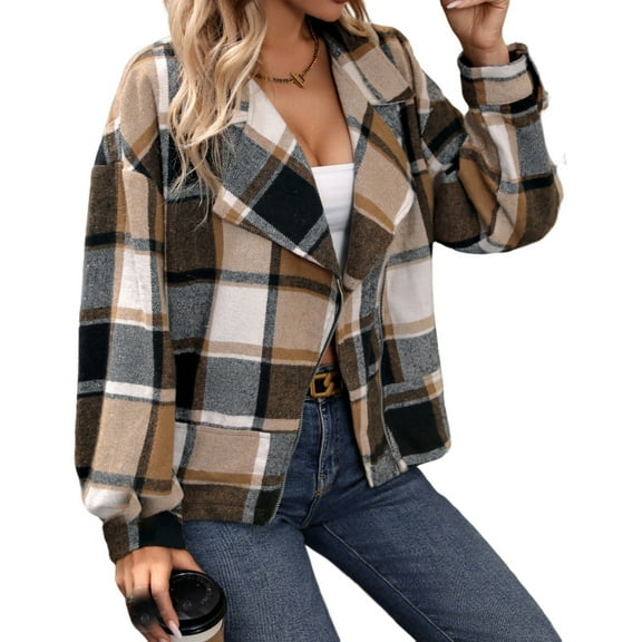 Flannels for Women Shacket Jacket Fashion Plaid Button Down Shirt Fall Coat Tops Khaki XL