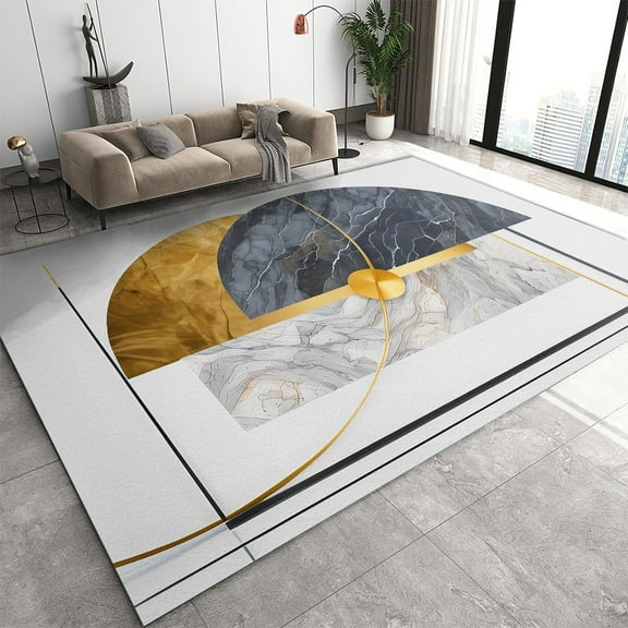 Modern Mid-Century Jewelry Area Rugs, Gray Gold Geometric Cream White Rugs for Living Room, Indoor Non Slip Carpet Abstract Home Decor Hallway Floor Mat 2'x3'